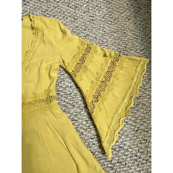 Boho Mustard Romper Lace Yellow sz M Bell Sleeve V-Neck Button Hippie Festival - Picture 8 of 15